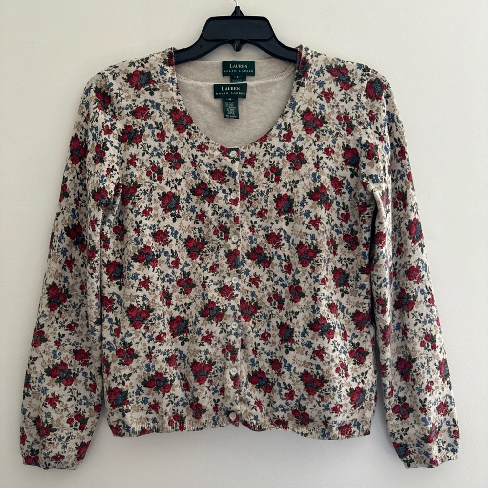 Lauren Ralph Lauren Cottagecore Floral  Red Cardigan Sweater Size M-L button